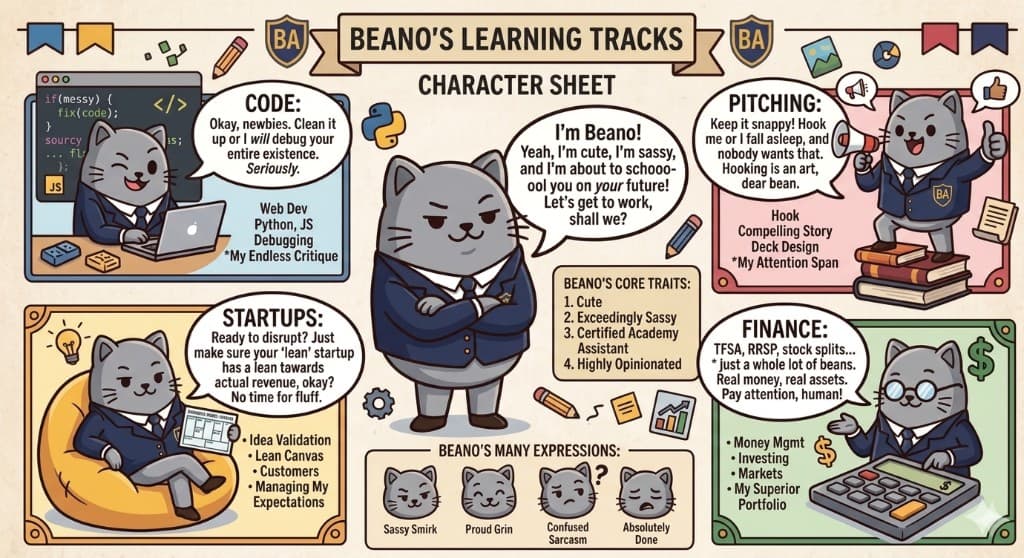 Beano character sheet: Code, Startups, Pitching, and Finance tracks for Breya Academy